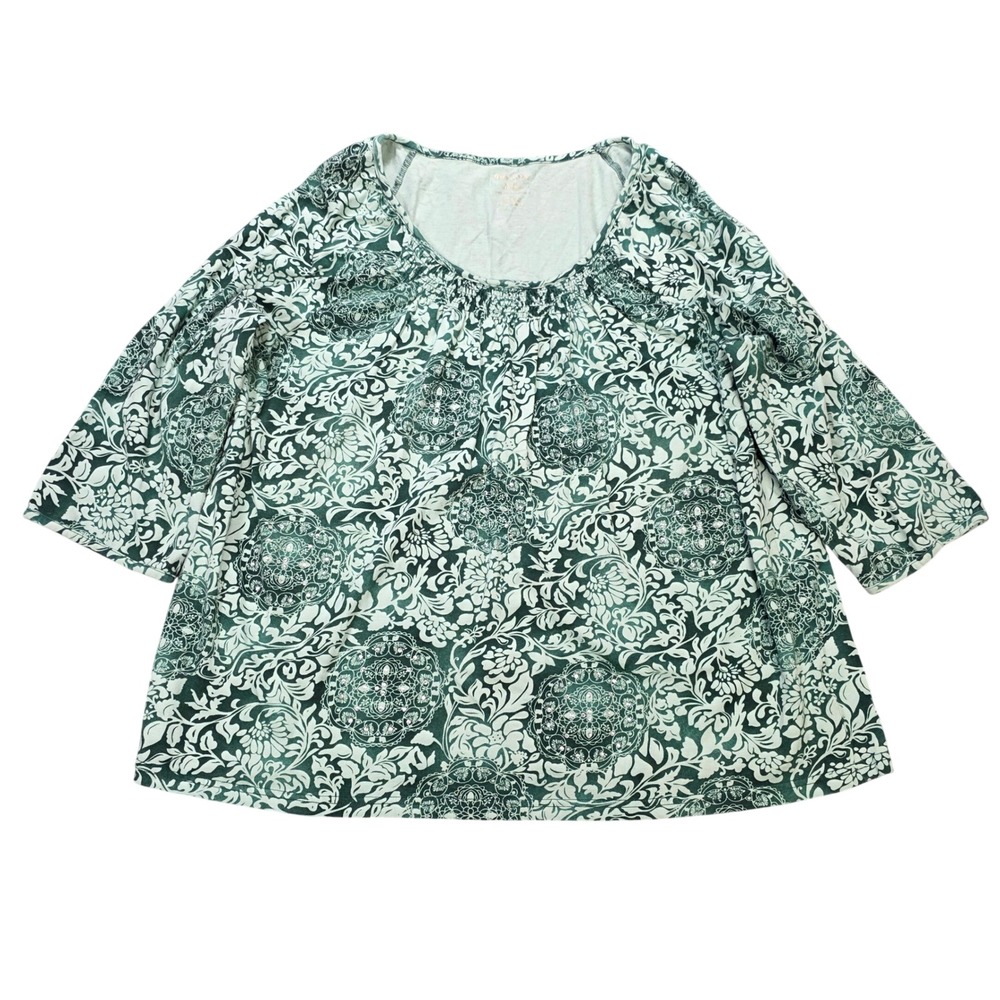 White Stag Damask Medallion 3/4 Sleeve Top Women's Size 2X Green Floral Cotton